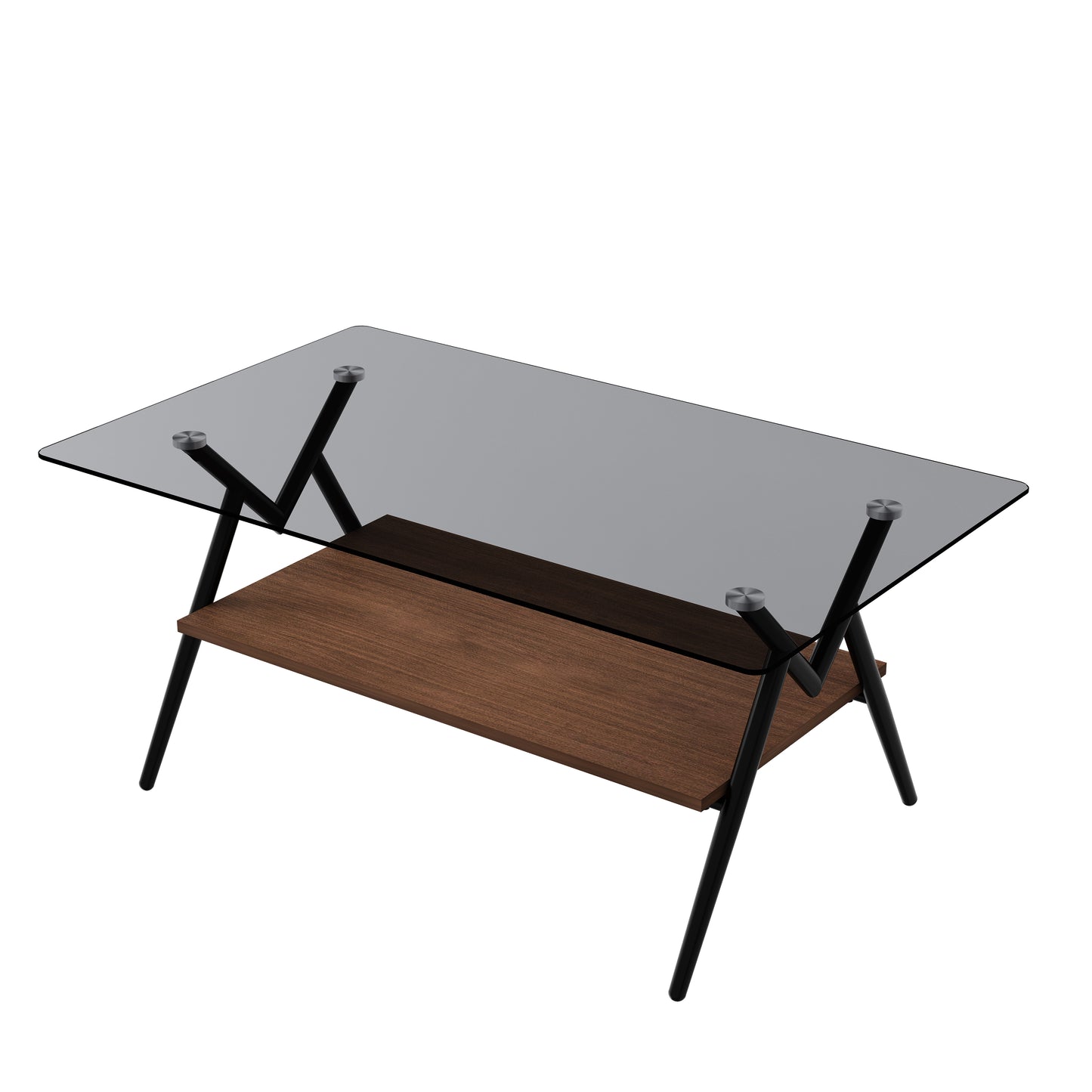 Rectangle Coffee Table with Tempered Glass Top and Brown MDF Shelf, Modern Design for Living Rooms, Gray Glass