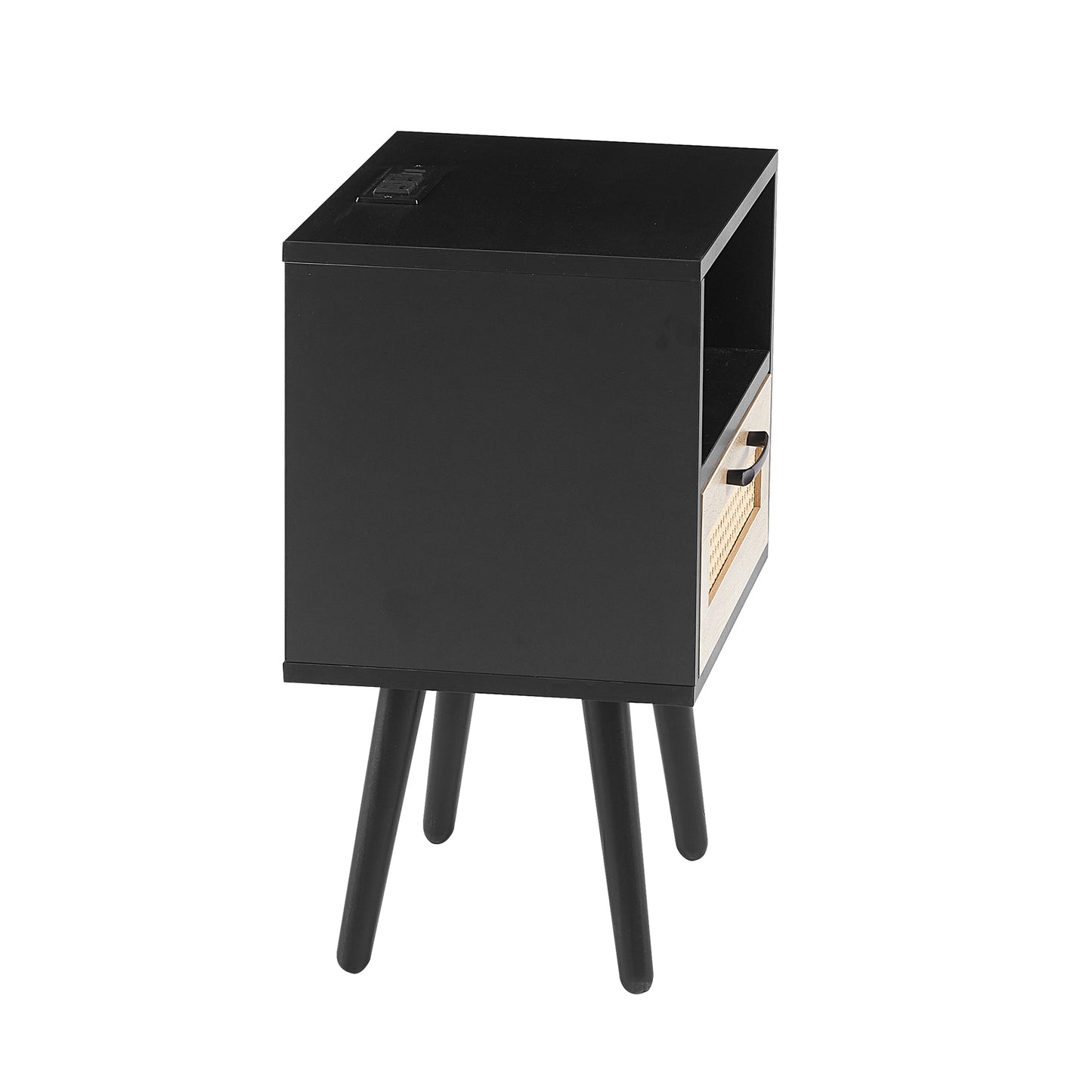 Rattan End table with Power Outlet & USB Ports Modern nightstand with drawer and solid wood legs black