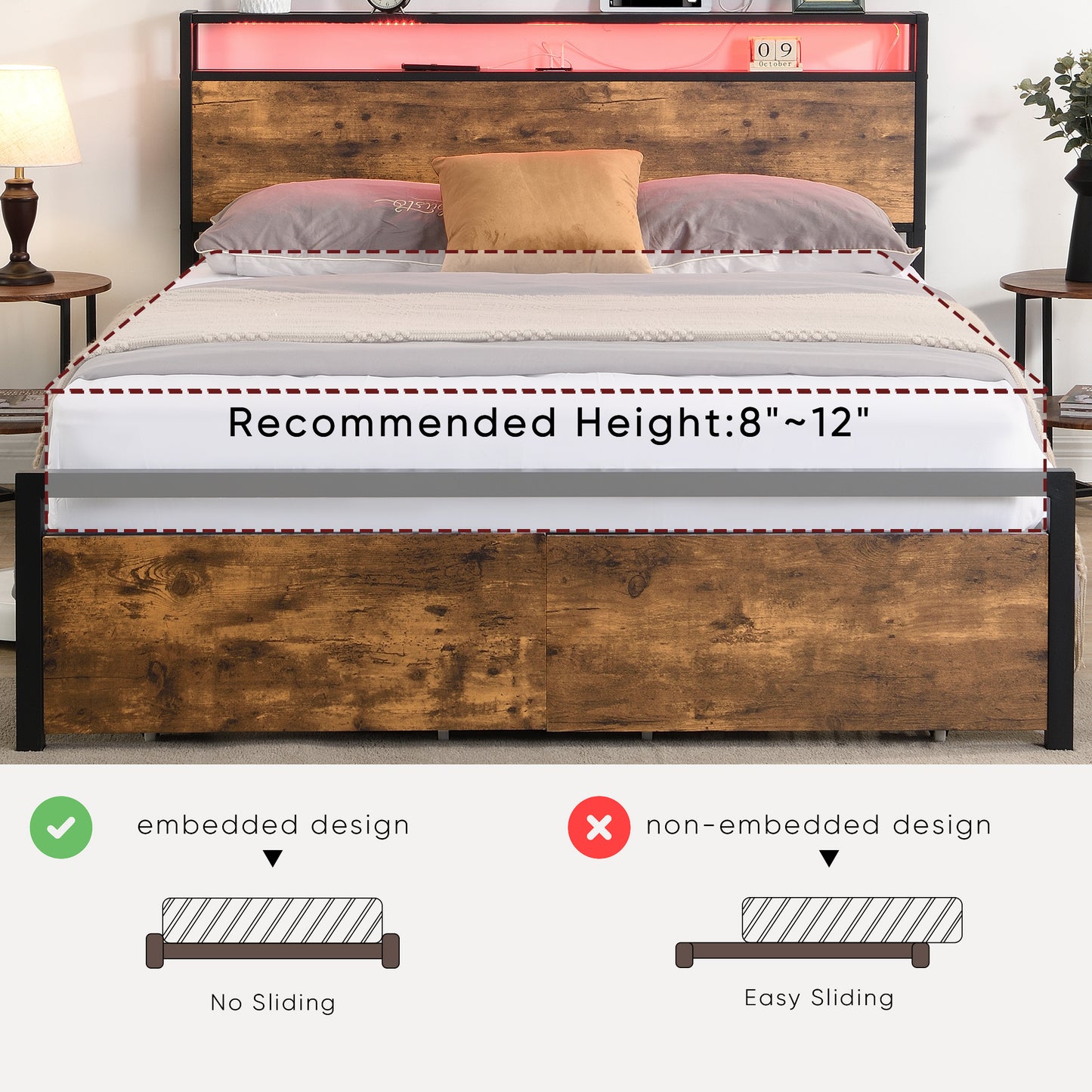 Large bed frame with storage headboard and 2 drawers, LED light bed, charging station, metal platform bed