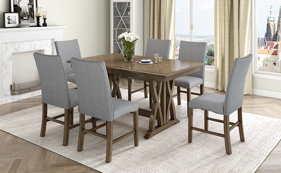 TOPMAX Mid-Century Solid Wood 7-Piece Expandable Dining Table Set with Soft Cushioned Chairs, Gold Brown and Gray