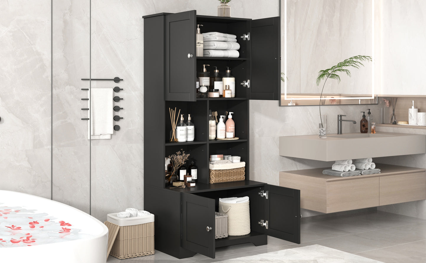 Bathroom storage cabinet, 4-door independent cabinet, adjustable shelf, open multi-layer shelf, black