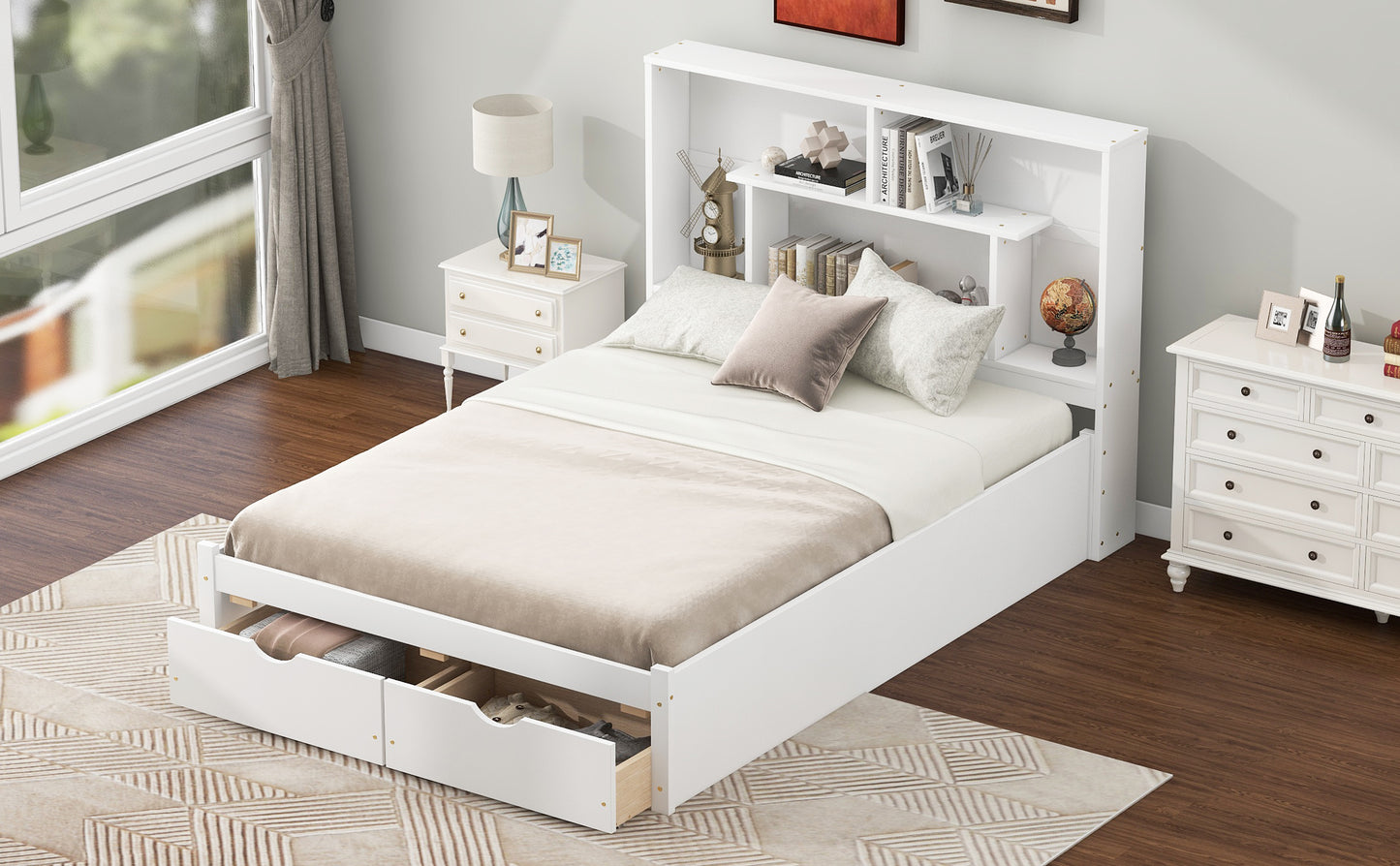 Full Size Platform Bed with Storage Headboard and 2 Drawers, White