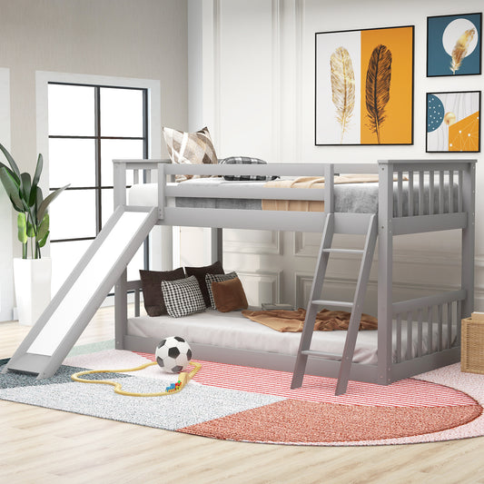 Twin over Twin Bunk Bed with Convertible Slide and Ladder  Gray