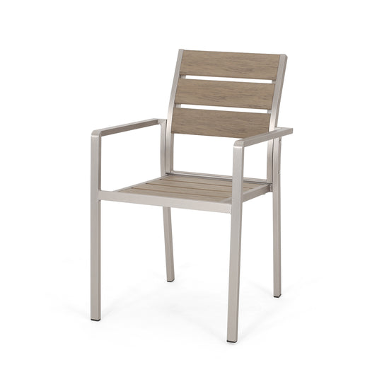 Outdoor Modern Aluminum Dining Chair with Faux Wood Seat, Set of 2 in Natural and Silver