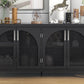 TREXM Large Storage Space Sideboard with Artificial Rattan Door and Metal Handles for Living Room and Entryway (Black)