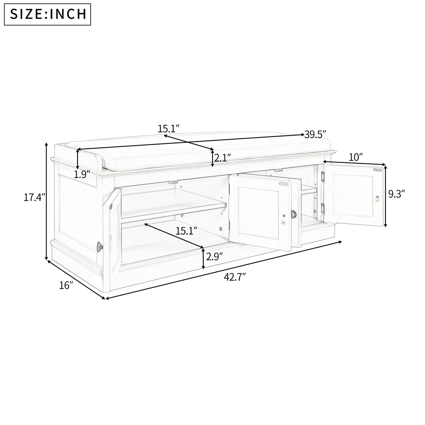 Mesa de almacenamiento TREXM con 4 puertas y estantes ajustables, zapatero acolchado desmontable en color blanco