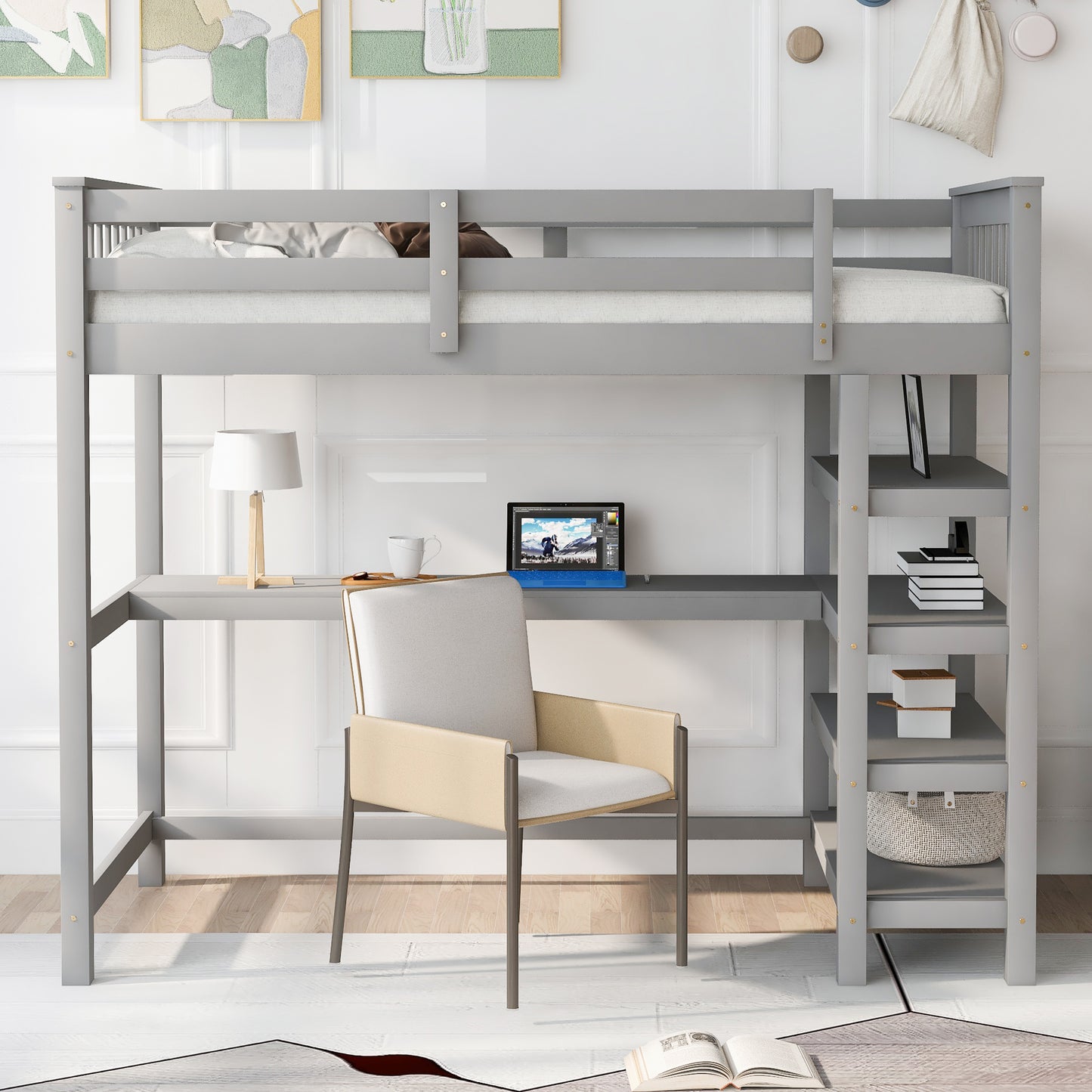 Twin Size Loft Bed with Storage Shelves and Under-bed Desk Gray