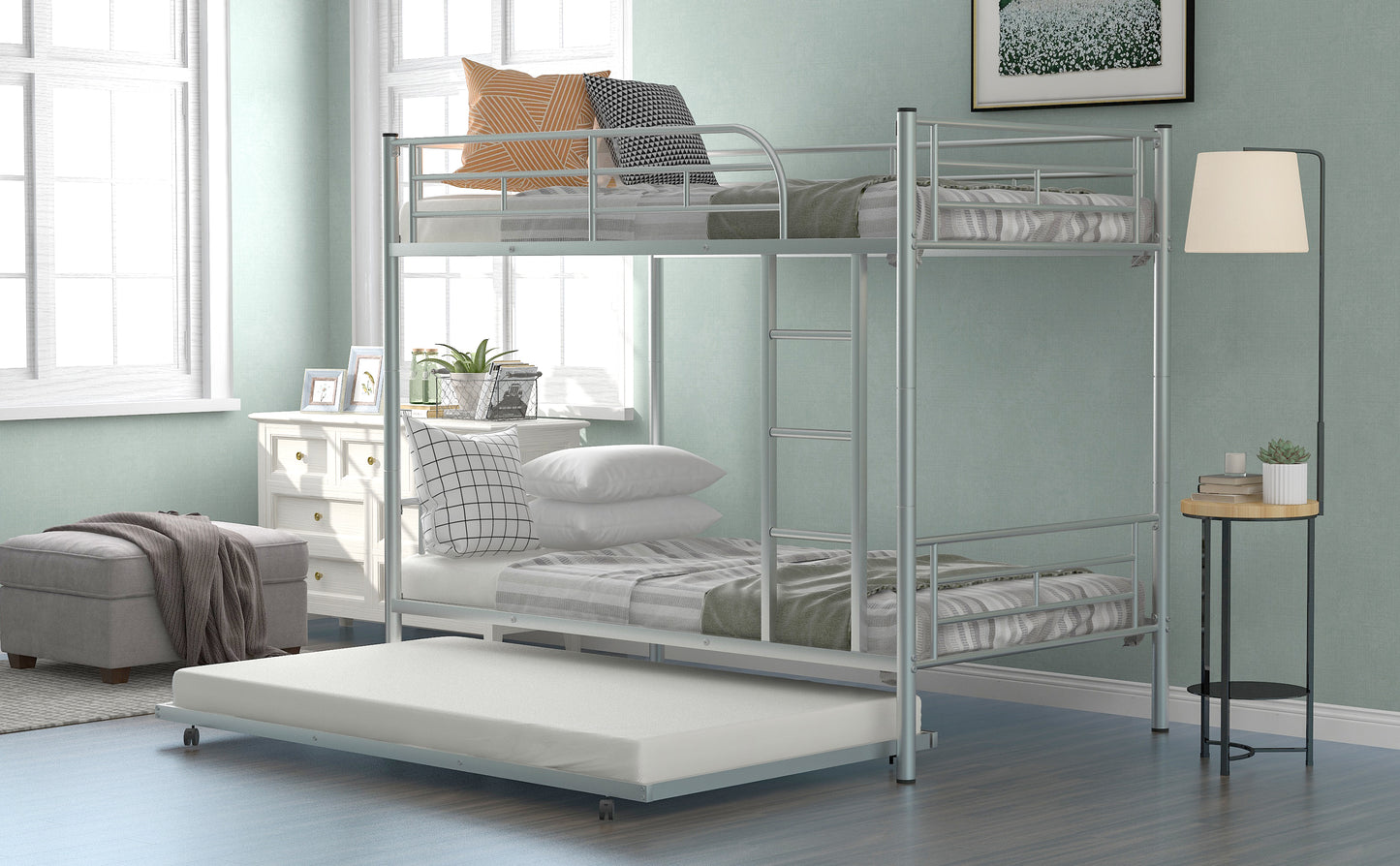 Twin-Over-Twin Metal Bunk Bed With Trundle Can be Divided into two beds No Box Spring needed White