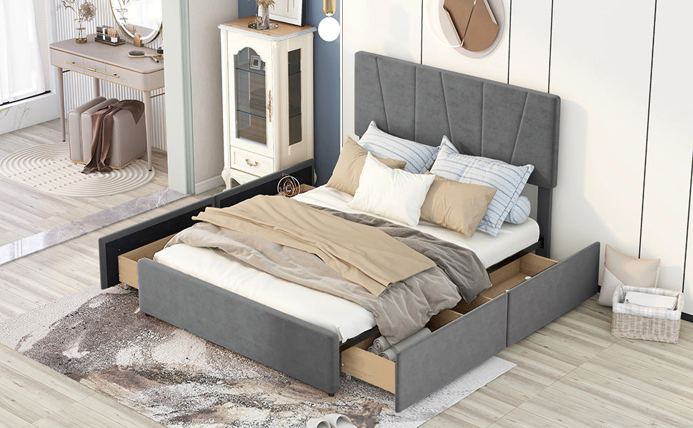 Queen Size Upholstery Platform Bed with Four Drawers on Two Sides  Adjustable Headboard  Grey