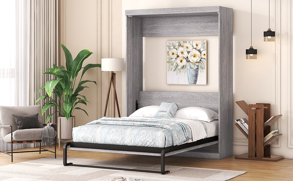 Cama plegable tamaño completo con compartimentos para guardar cosas y acabado gris para espacios reducidos