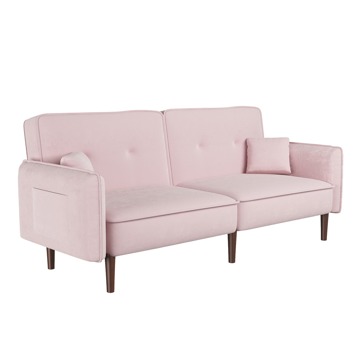 Sofá cama convertible con patas de madera y tapizado de terciopelo en color rosa para salones modernos