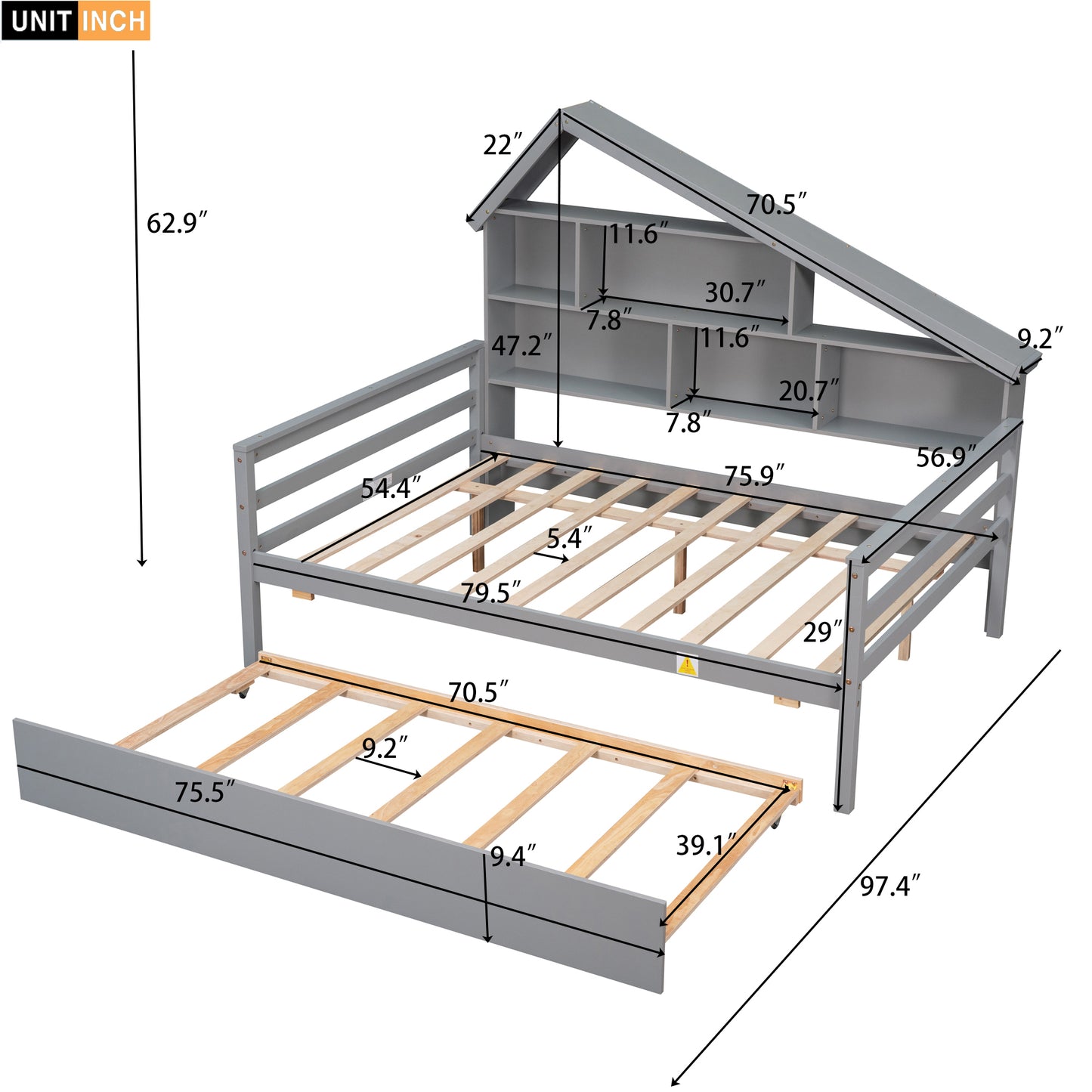 Full Size Platform Bed with Trundle and Shelves Gray