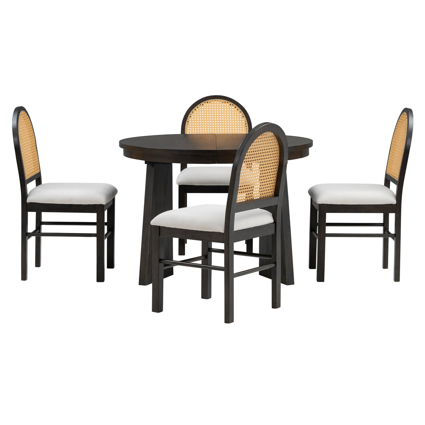 TREXM 5-Piece Retro Dining Set, Expandable Table and 4 Cushioned Chairs with Rattan Backrests, Espresso Finish