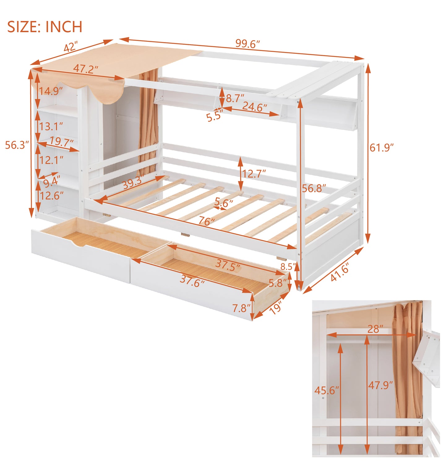 Twin size House Bed with Two Drawers and Wardrobe,White