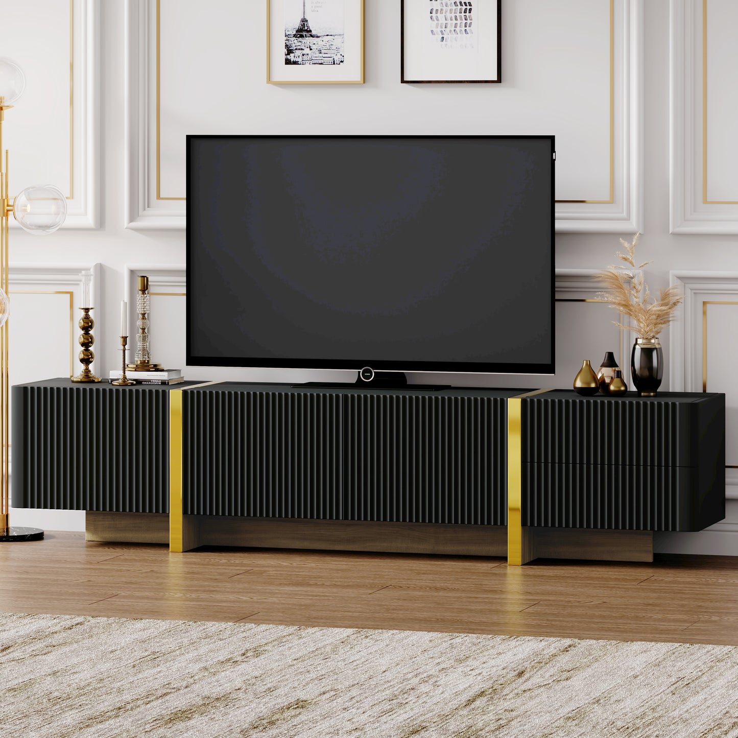 Luxury Fluted TV Stand for TVs Up to 80'', Modern Entertainment Center with Storage Cabinets & Drawers Black