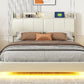 Large floating bed frame with storage headboard, touch sensor, night light and USB charger, padded platform bed, beige color