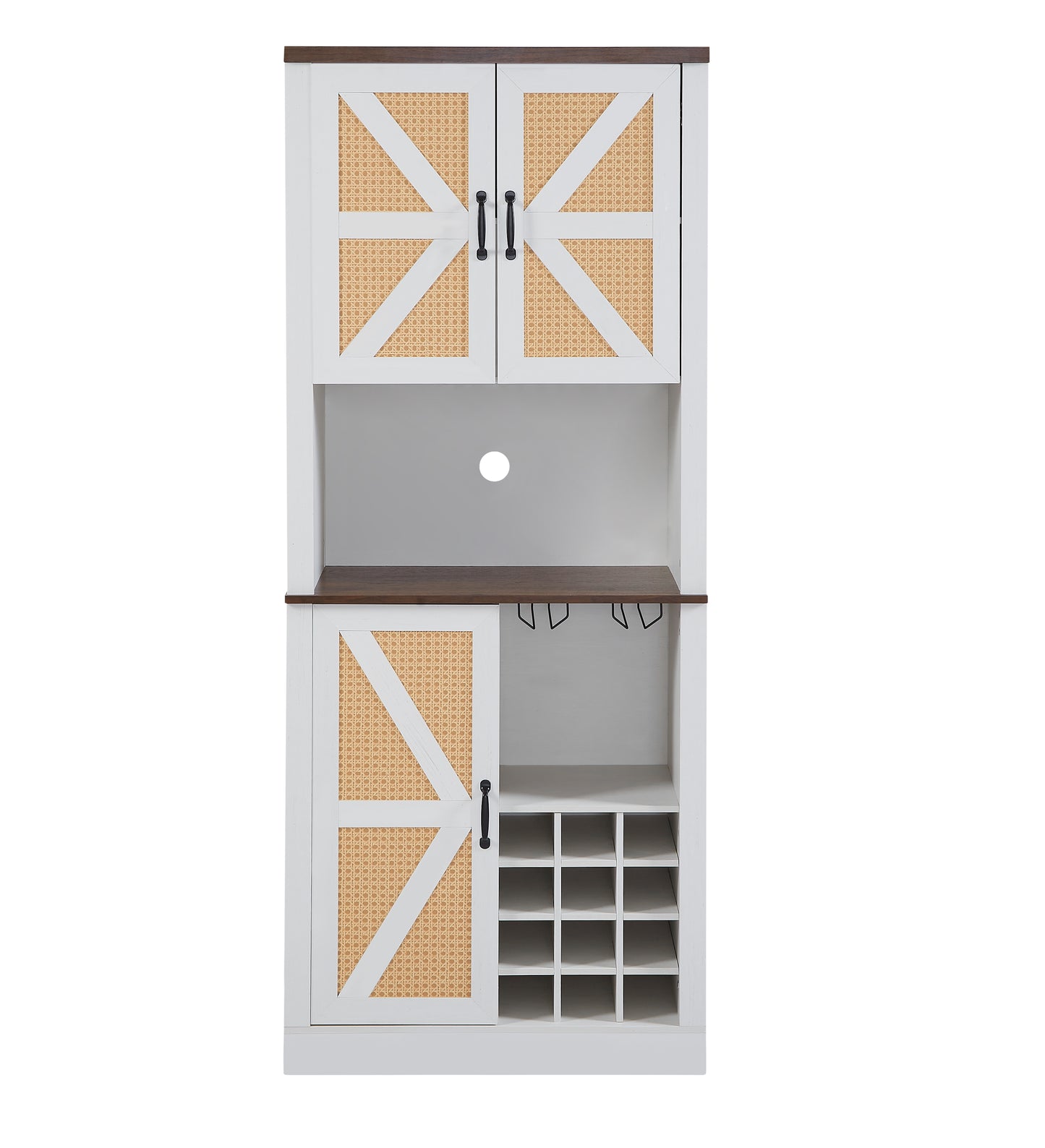 76-Inch Tall Farmhouse Kitchen Faux Rattan Wine Cabinet with Square Compartments and Shelves