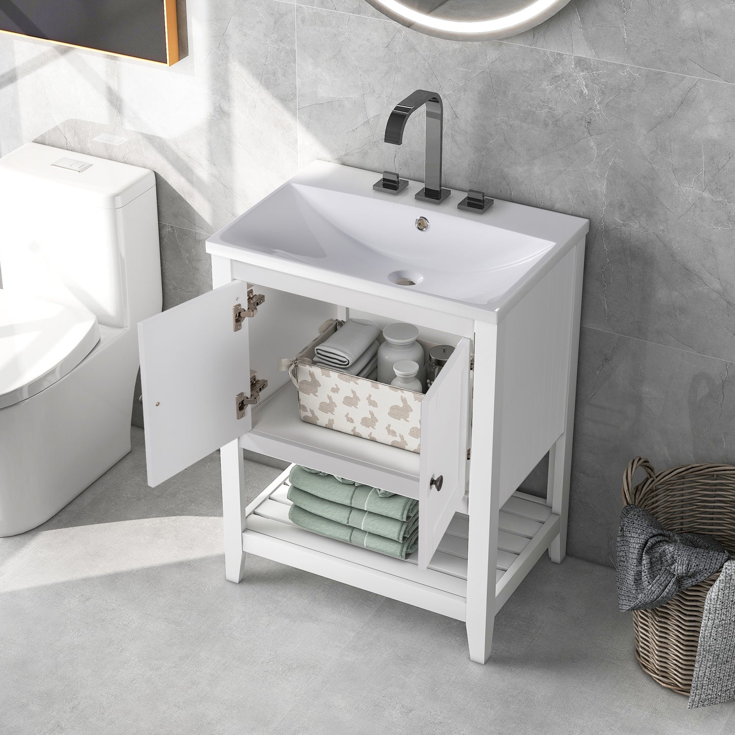 White Modern Sleek Bathroom Vanity Elegant Ceramic Sink with Solid Wood Frame Open Style Shelf