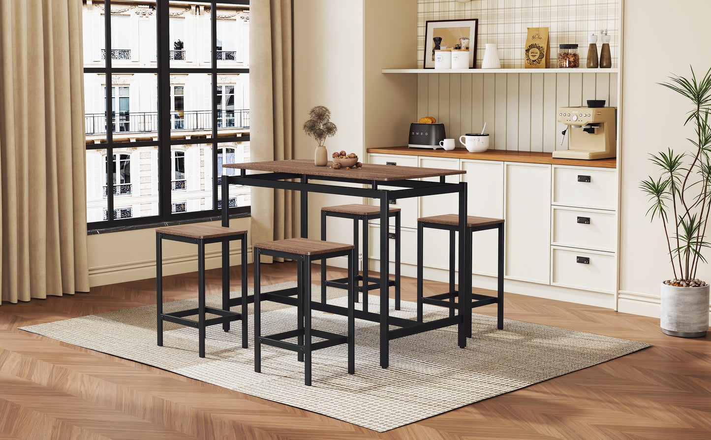 TREXM 5-piece compact bar table with table and stool - modern industrial design (dark brown)