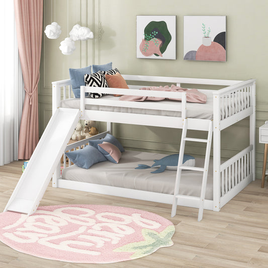 Full over Full Bunk Bed with Convertible Slide and Ladder  White