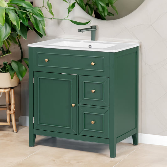 Mueble de baño de 30" con encimera de lavabo, armario de madera maciza con puerta y dos cajones, color verde