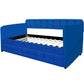 Blue padded twin beds with wheels, velvet fabric, no need for springs