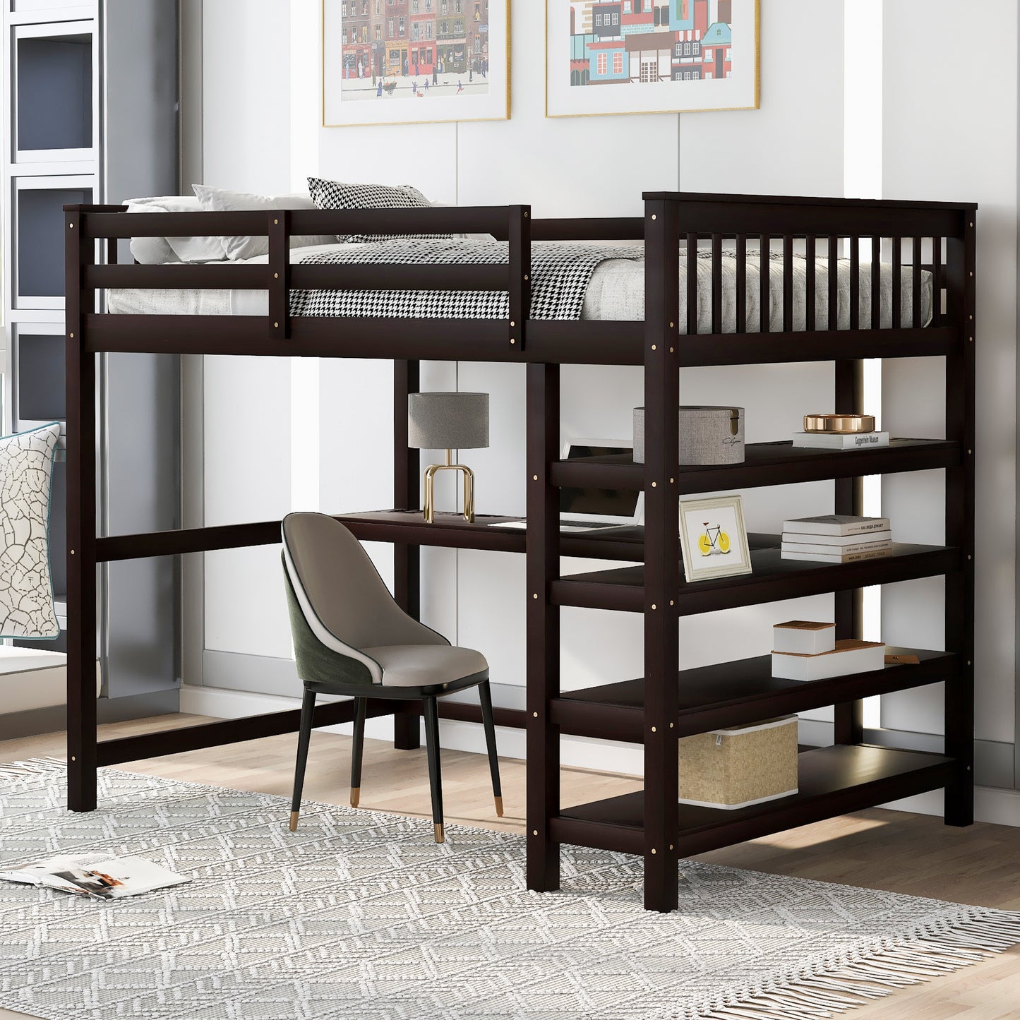 Full Size Loft Bed with Storage Shelves and Under-bed Desk  Espresso