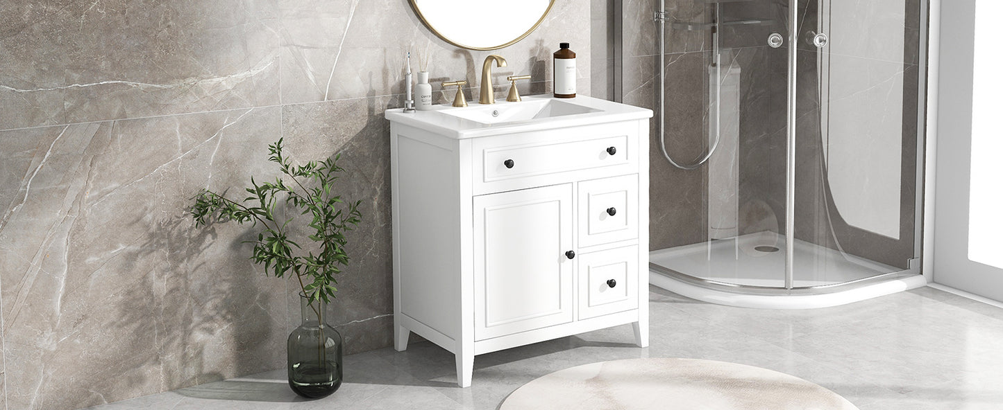 Mueble de baño de 30" con encimera de lavabo, armario de madera maciza con puerta y dos cajones, color blanco