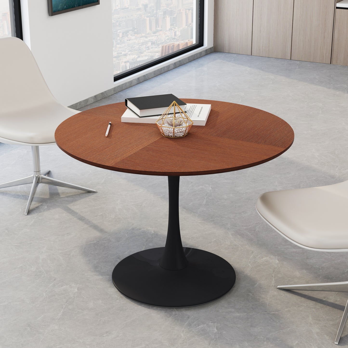 42" Modern Round Dining Table with Printed Oak Color Grain Table Top and Metal Base