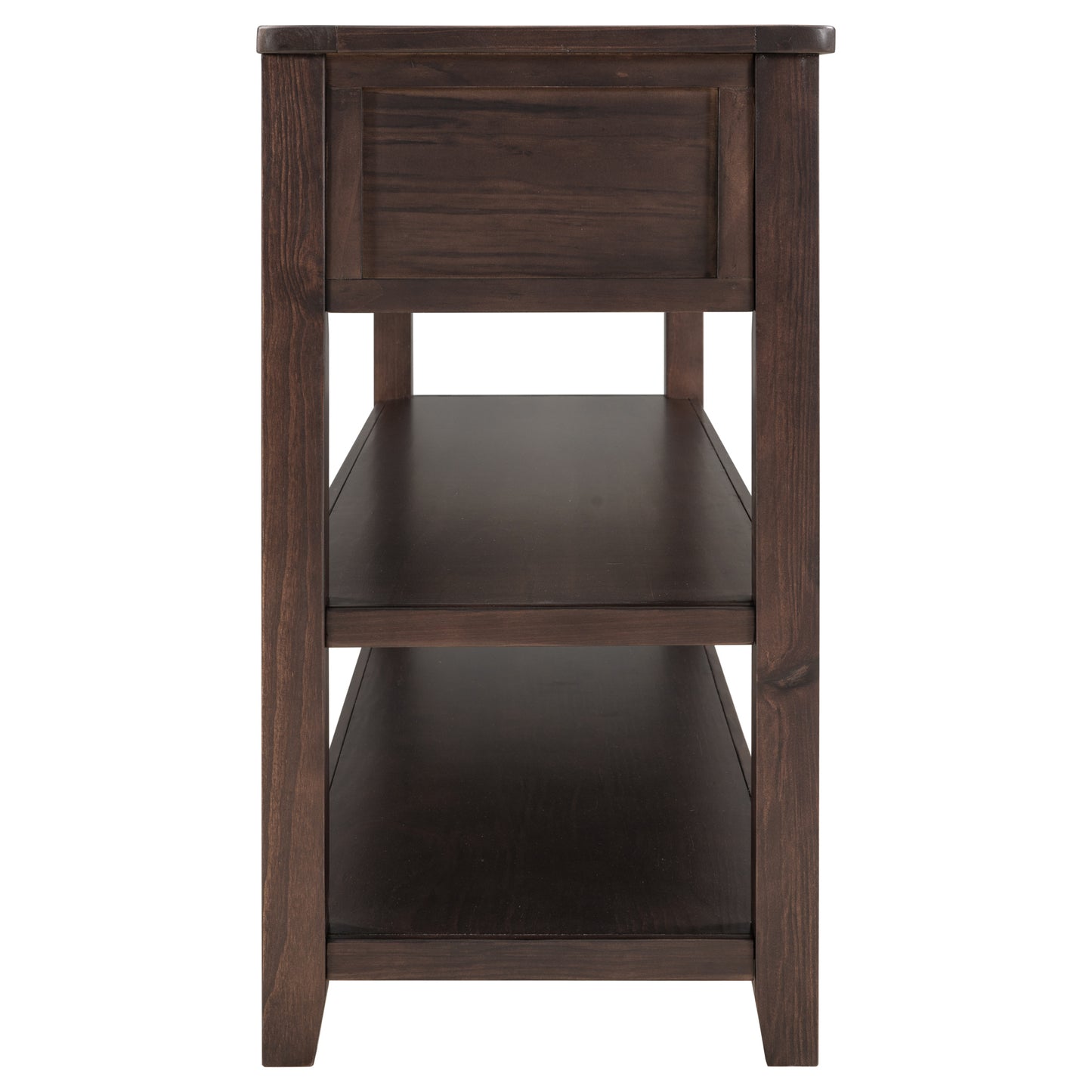 Retro Design Console Table with Two Open Shelves, Pine Solid Wood Frame and Legs, Espresso Finish