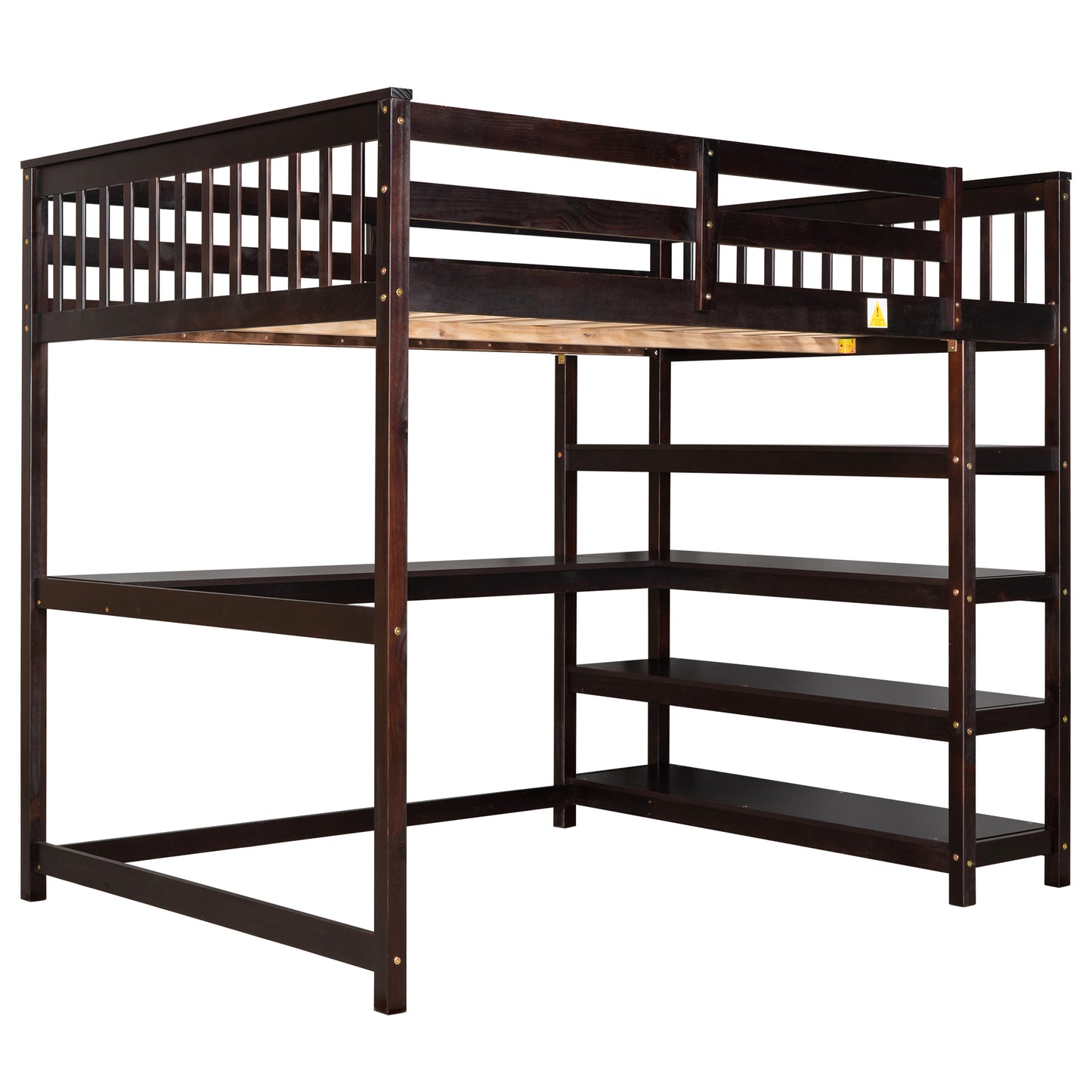 Full Size Loft Bed with Storage Shelves and Under-bed Desk  Espresso