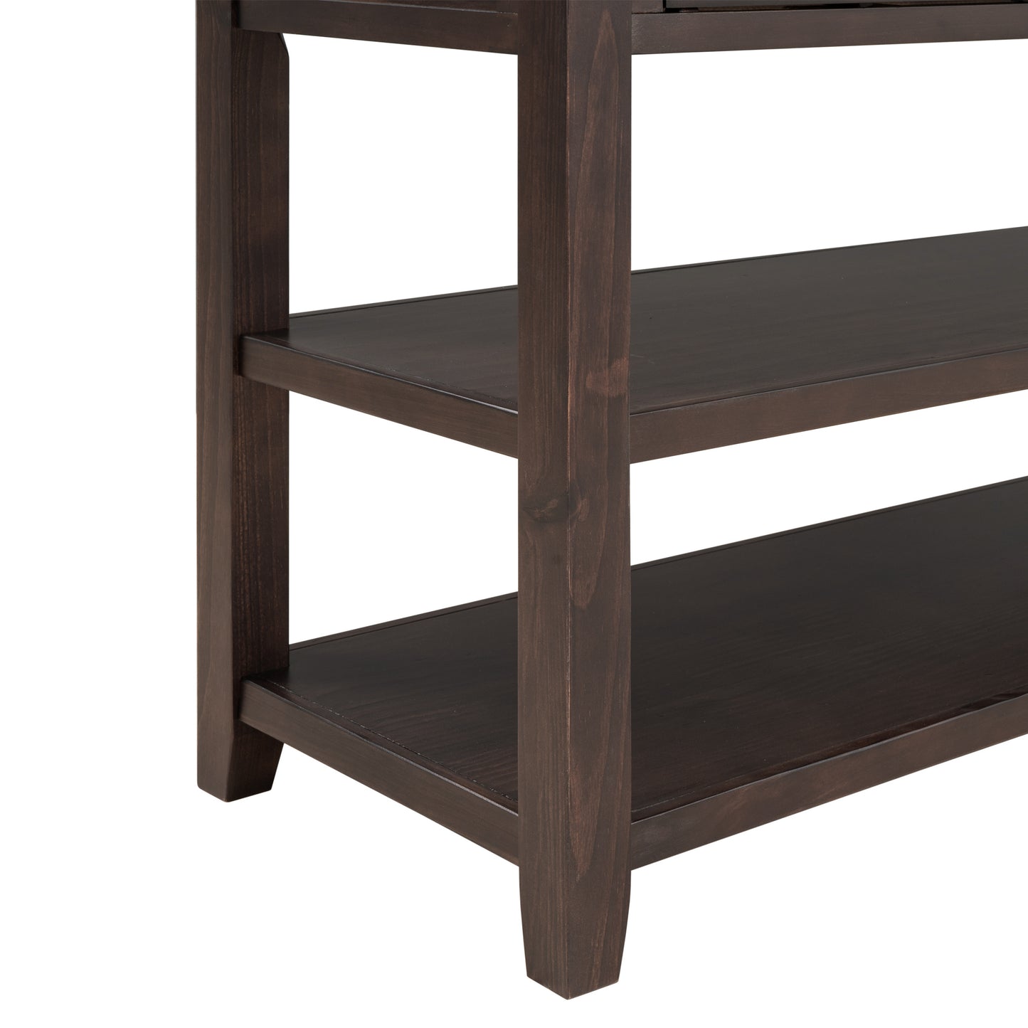 Retro Design Console Table with Two Open Shelves, Pine Solid Wood Frame and Legs, Espresso Finish