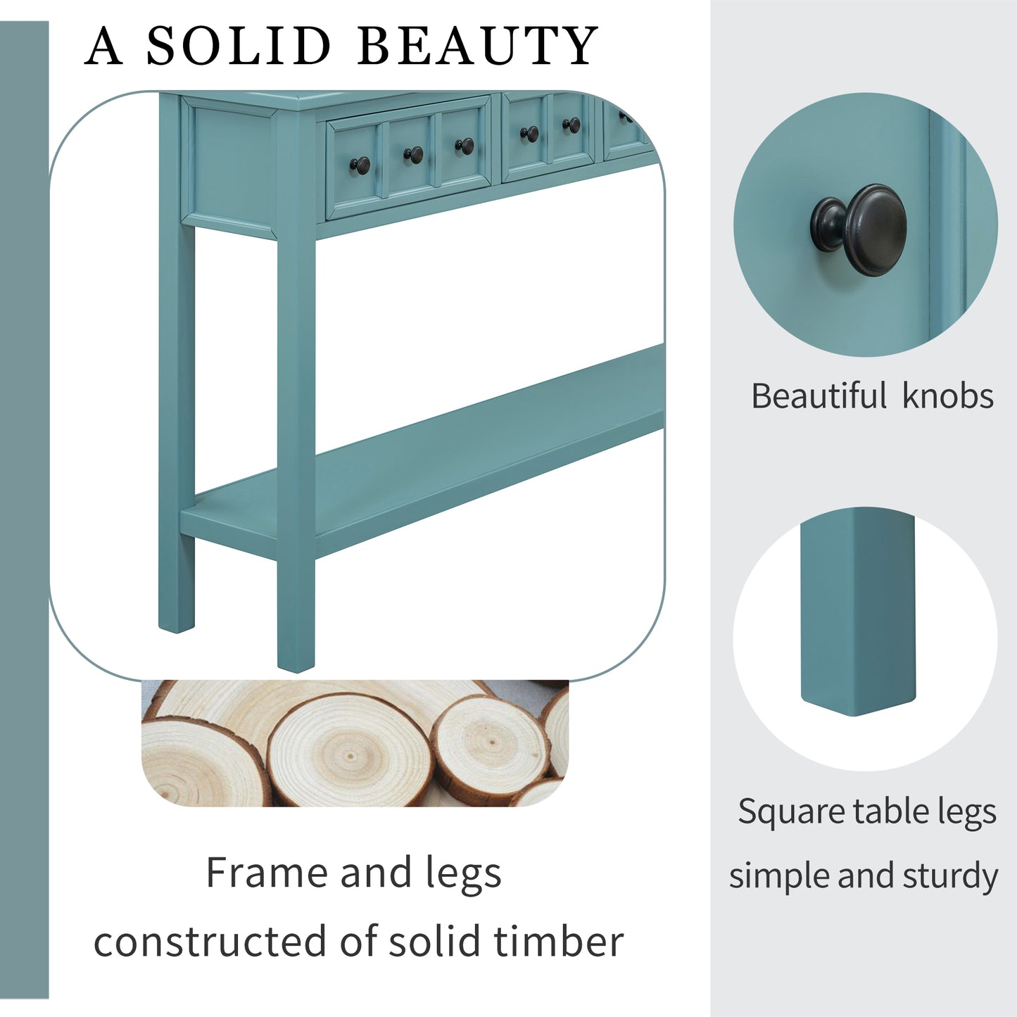 Mesa consola de entrada rústica TREXM, mesa de sofá de 60 pulgadas de largo con dos cajones y estante inferior, turquesa antiguo