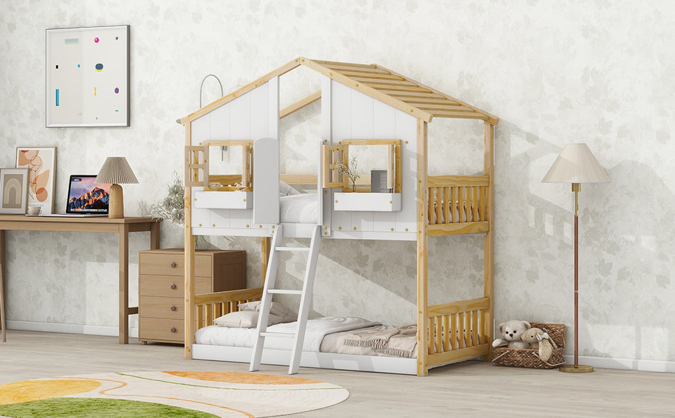 Twin over Twin House Bunk Bed with Roof , Window, Window Box, Door , with Safety Guardrails and Ladder, Natural/White