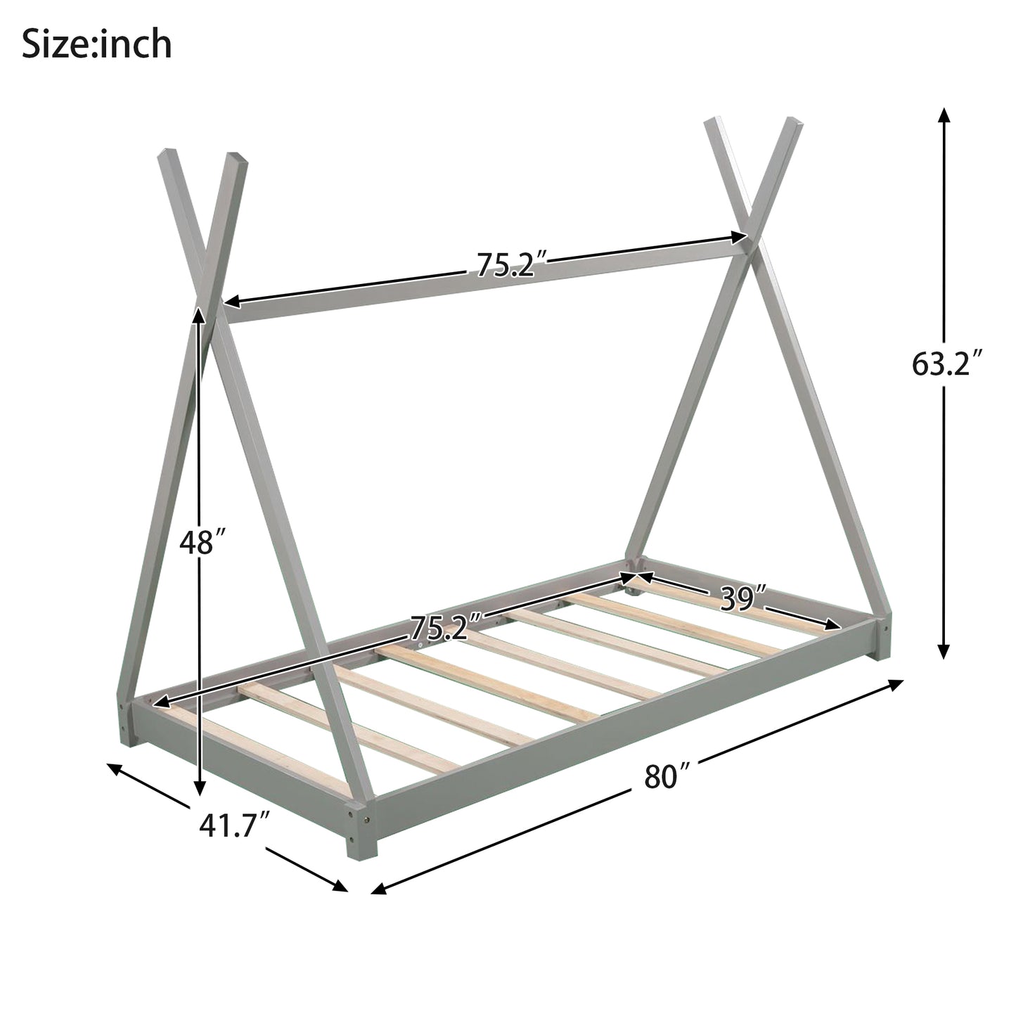 Twin Size House Platform Bed with Triangle Structure Gray