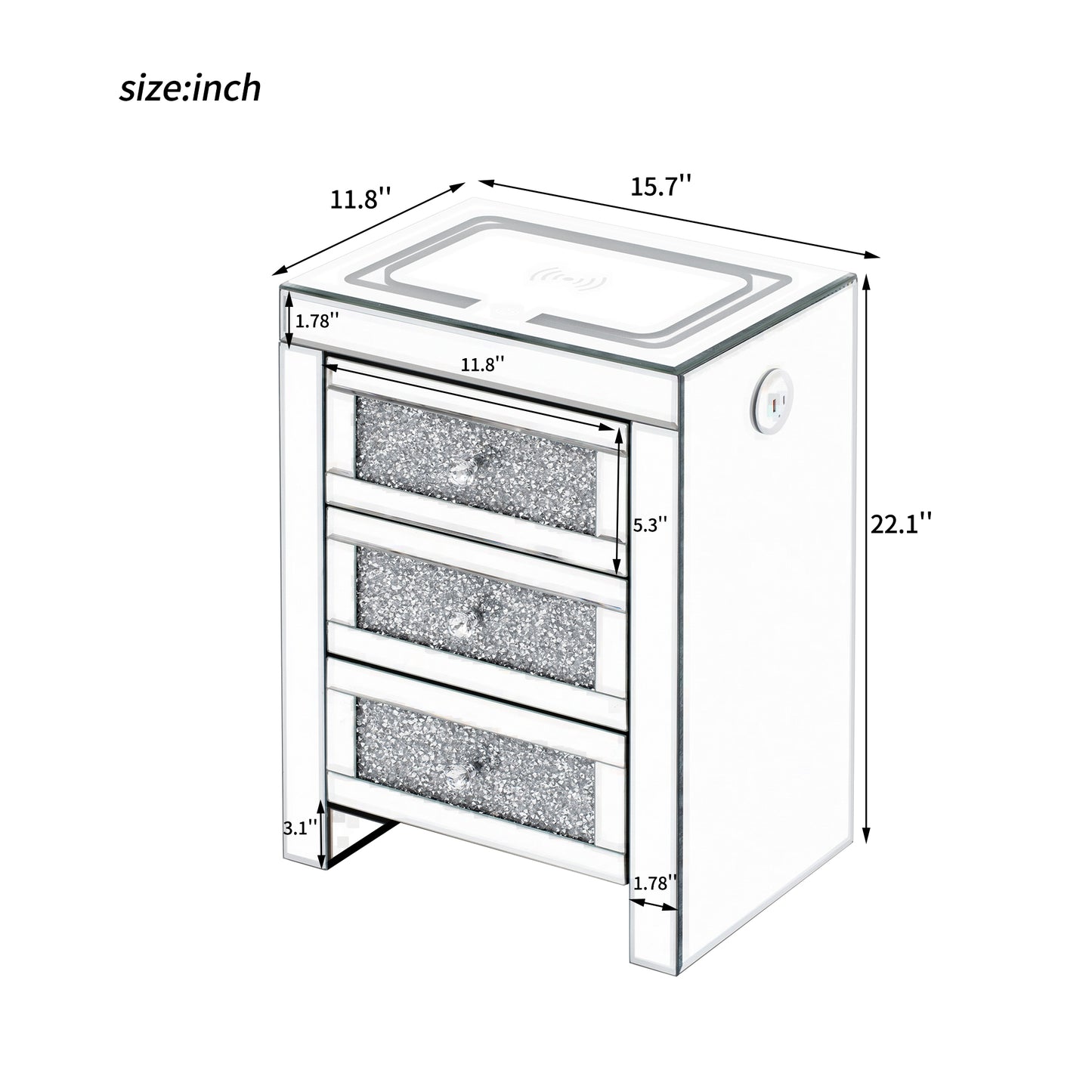 W silver rectangular mirror coffee table with wireless and USB charging function, LED lights, crystal style handle