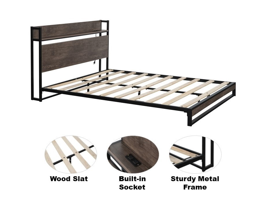 Platform Queen Bed with Socket Fast Assemble Design