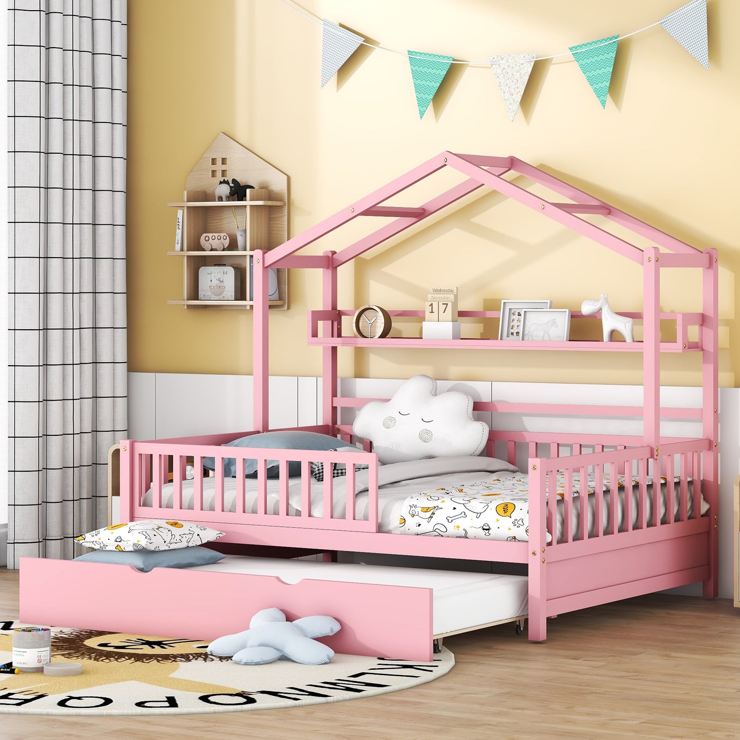 Wooden Full Size House Bed with Twin Size Trundle Kids Bed with Shelf Pink