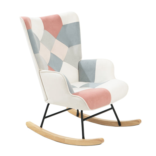 Rocking Chair with ottoman, Mid Century Fabric Rocker Chair with Wood Legs and Patchwork Linen for Livingroom Bedroom