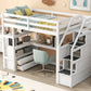 Twin Size Loft Bed with Desk and Shelves  Two Built-in Drawers  Storage Staircase White