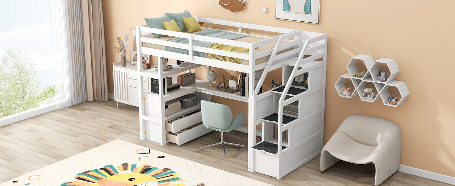 Twin Size Loft Bed with Desk and Shelves  Two Built-in Drawers  Storage Staircase White