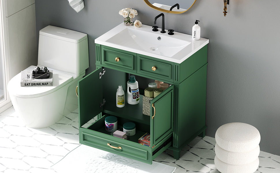 Mueble de baño descubierto de 30" con puerta de cierre suave, gabinete de almacenamiento con marco de madera maciza, acabado verde