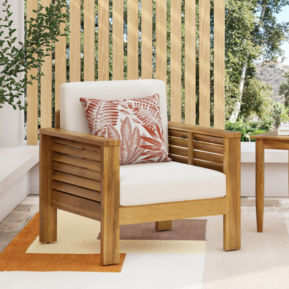 Sillones de madera de acacia para exteriores con cojines, acabado en teca y beige, perfectos para patios