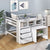 Full Size Low Loft Bed with Rolling Portable Desk, Drawers and Shelves, White