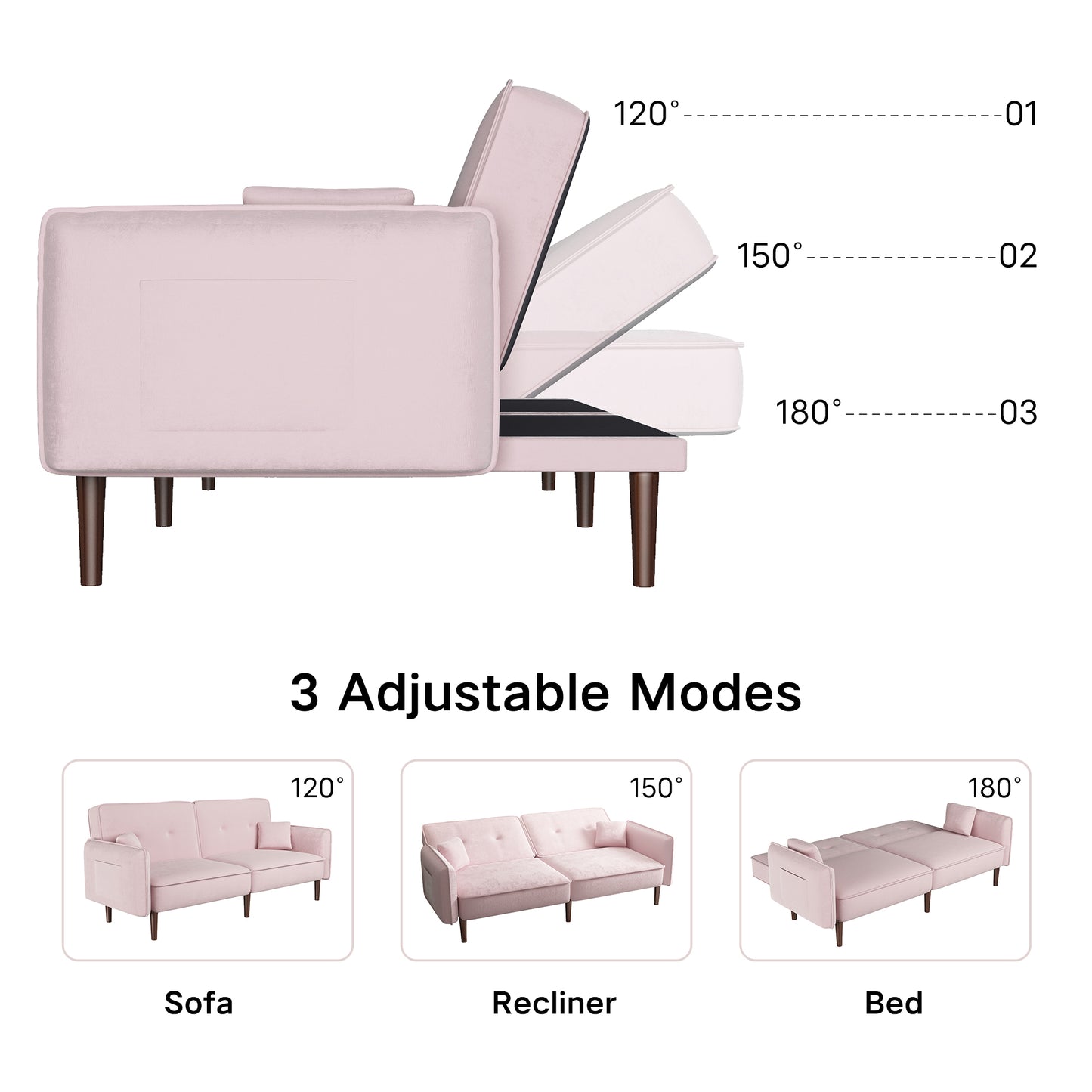 Sofá cama convertible con patas de madera y tapizado de terciopelo en color rosa para salones modernos