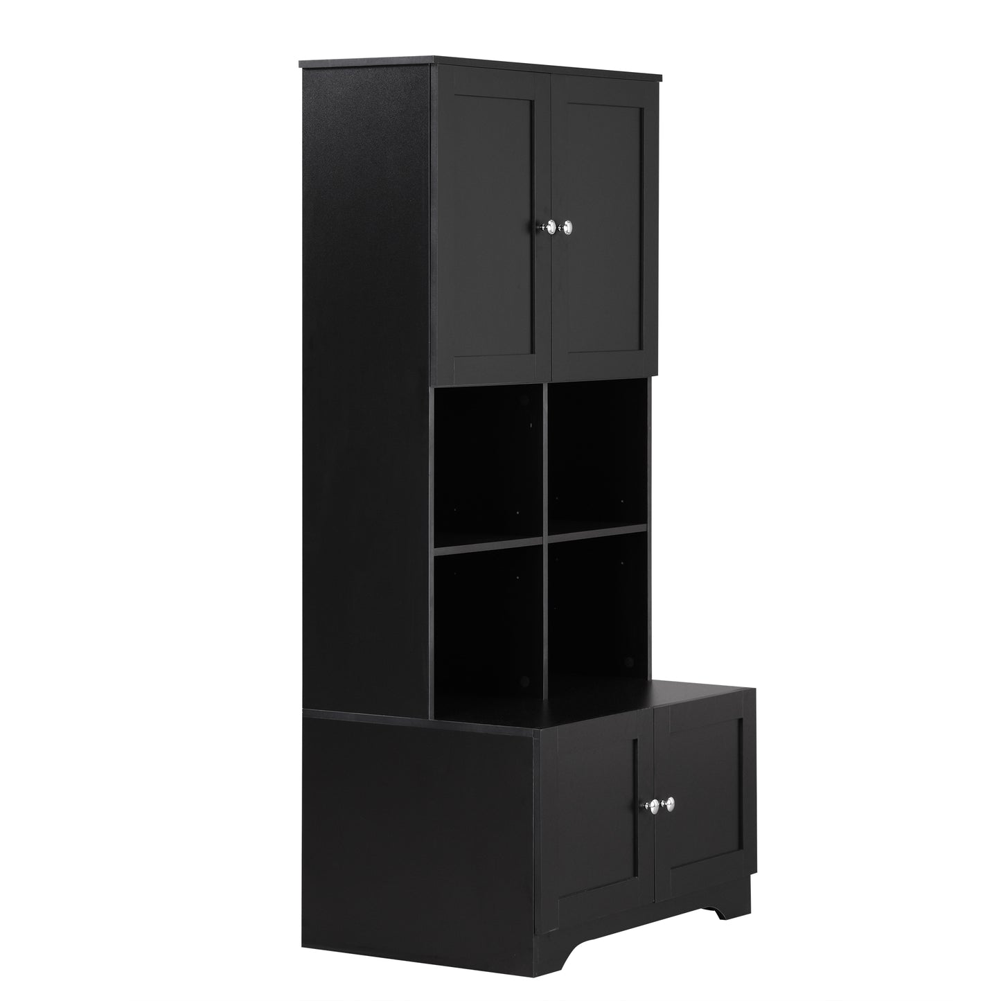 Bathroom storage cabinet, 4-door independent cabinet, adjustable shelf, open multi-layer shelf, black