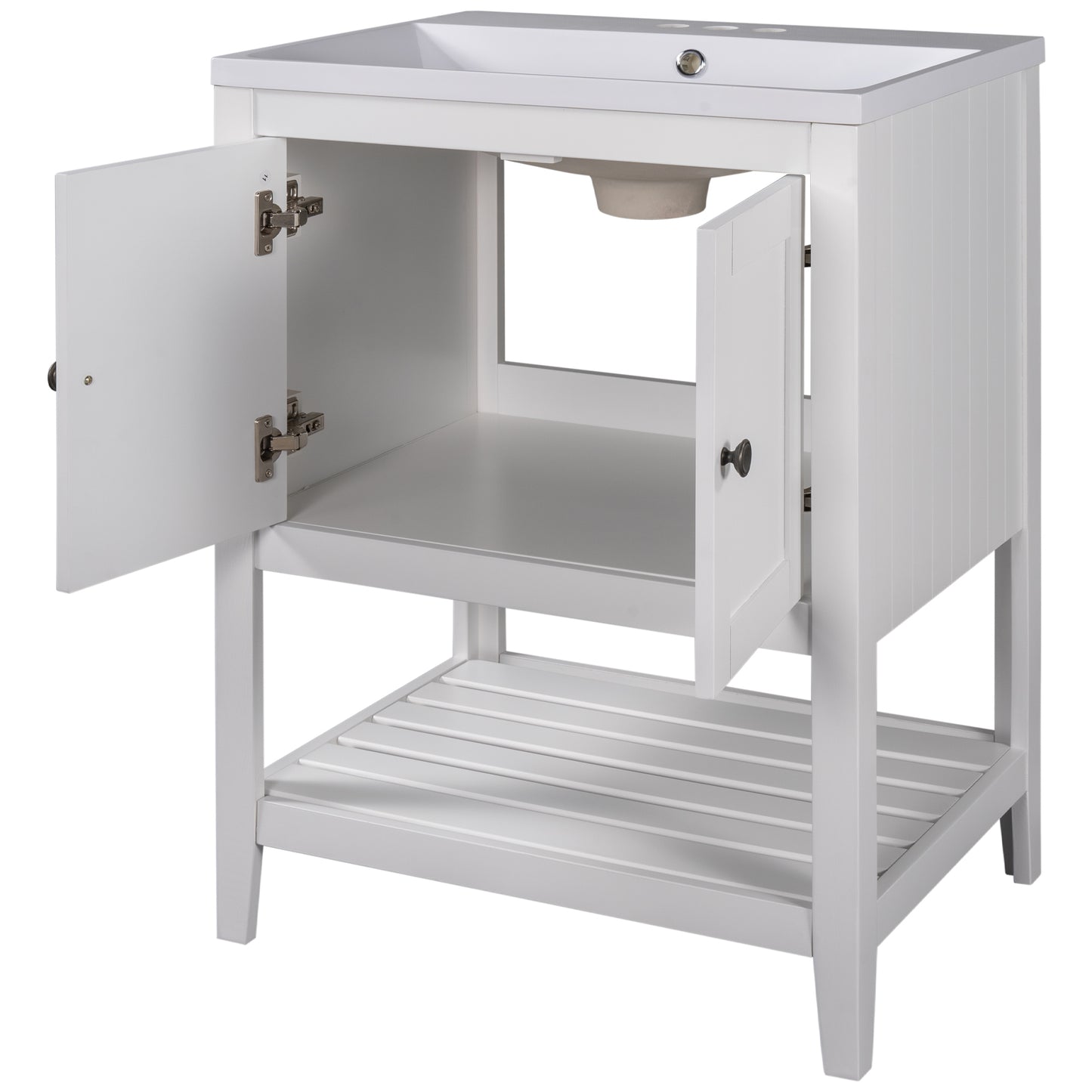 White Modern Sleek Bathroom Vanity Elegant Ceramic Sink with Solid Wood Frame Open Style Shelf