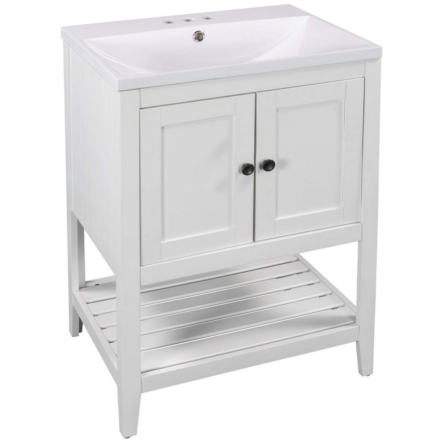 White Modern Sleek Bathroom Vanity Elegant Ceramic Sink with Solid Wood Frame Open Style Shelf