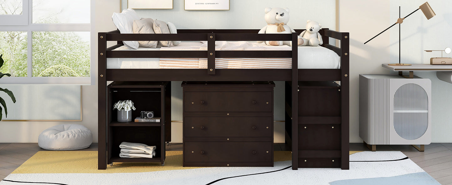 Low Study Full Loft Bed with Cabinet Shelves and Rolling Portable Desk Multiple Functions Bed- Espresso