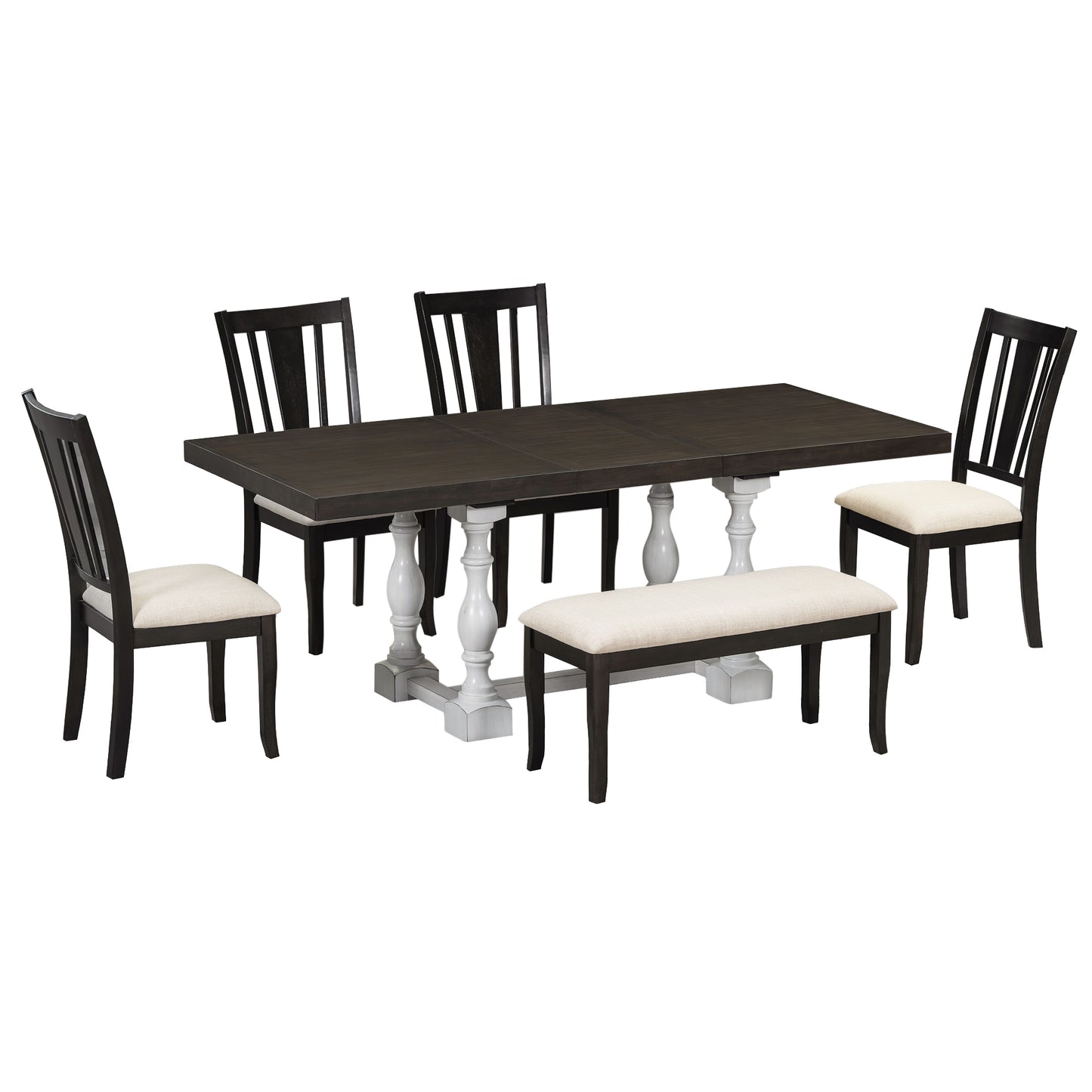 Juego de mesa de comedor extensible tradicional de 6 piezas con caballete, hojas extraíbles, sillas acolchadas y banco, color blanco envejecido